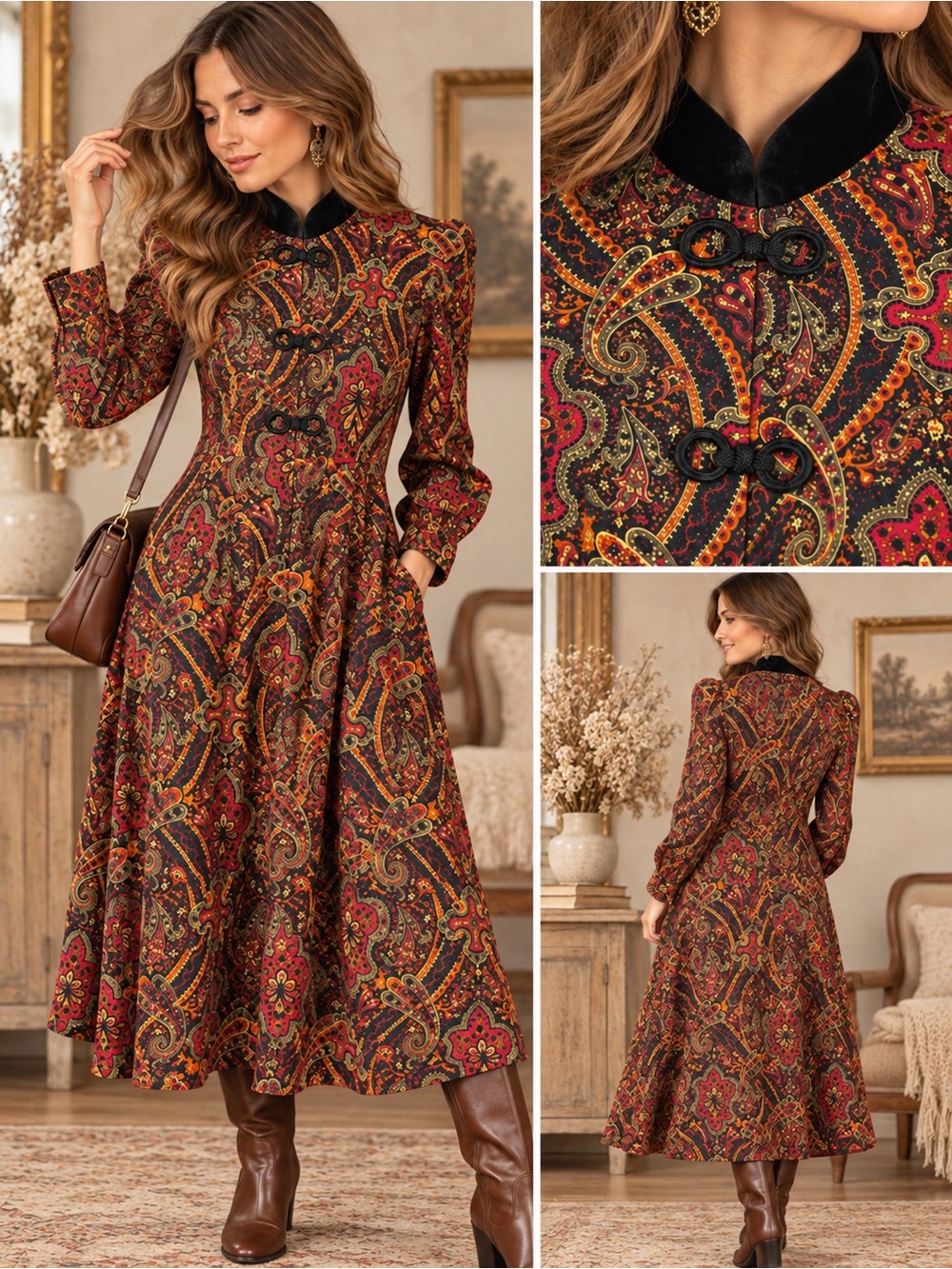 Vintage Karin Stevens Size 10 Paisley Velvet Collar Frog Closure Midi Dress